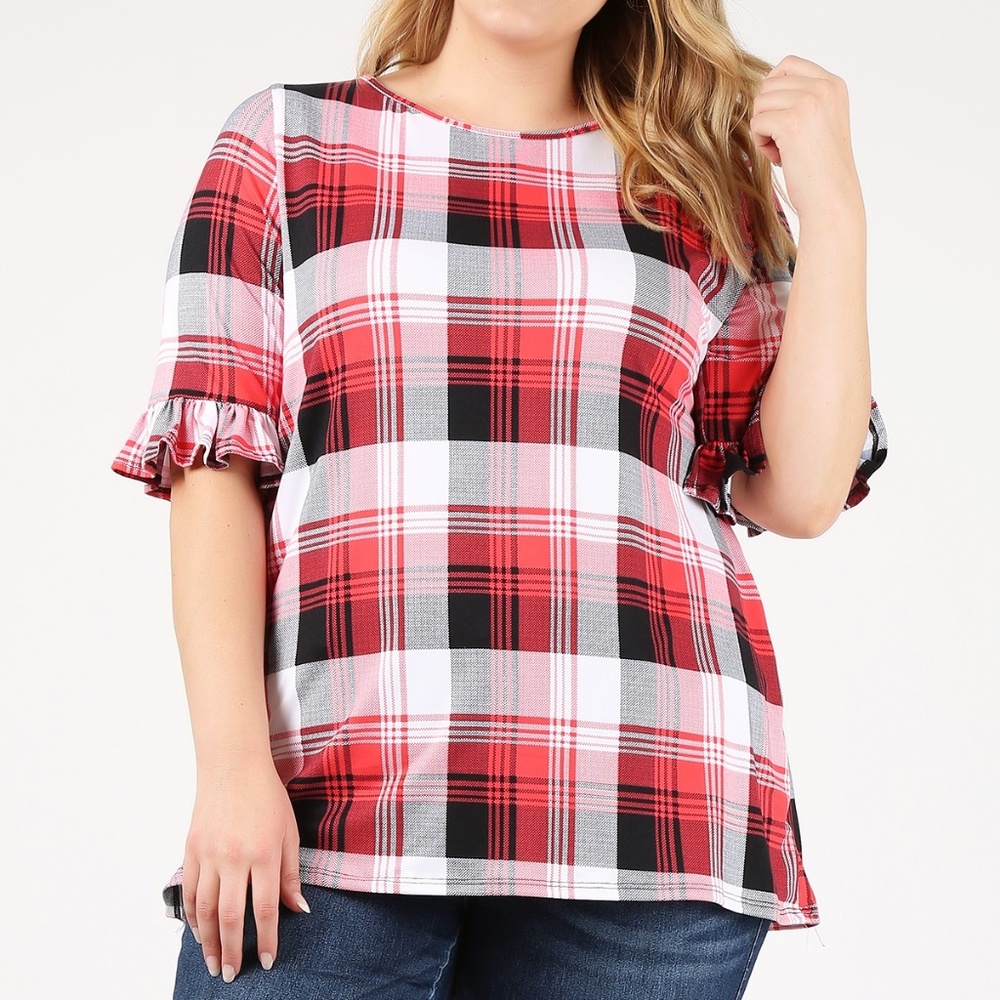Plus Size Ruffle Sleeve Plaid Tunic